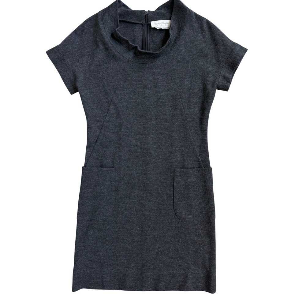 Gerard Darel Grey Wool Blend Cowl Neck Short Sleeve Shift Dress Sz 38 Pockets